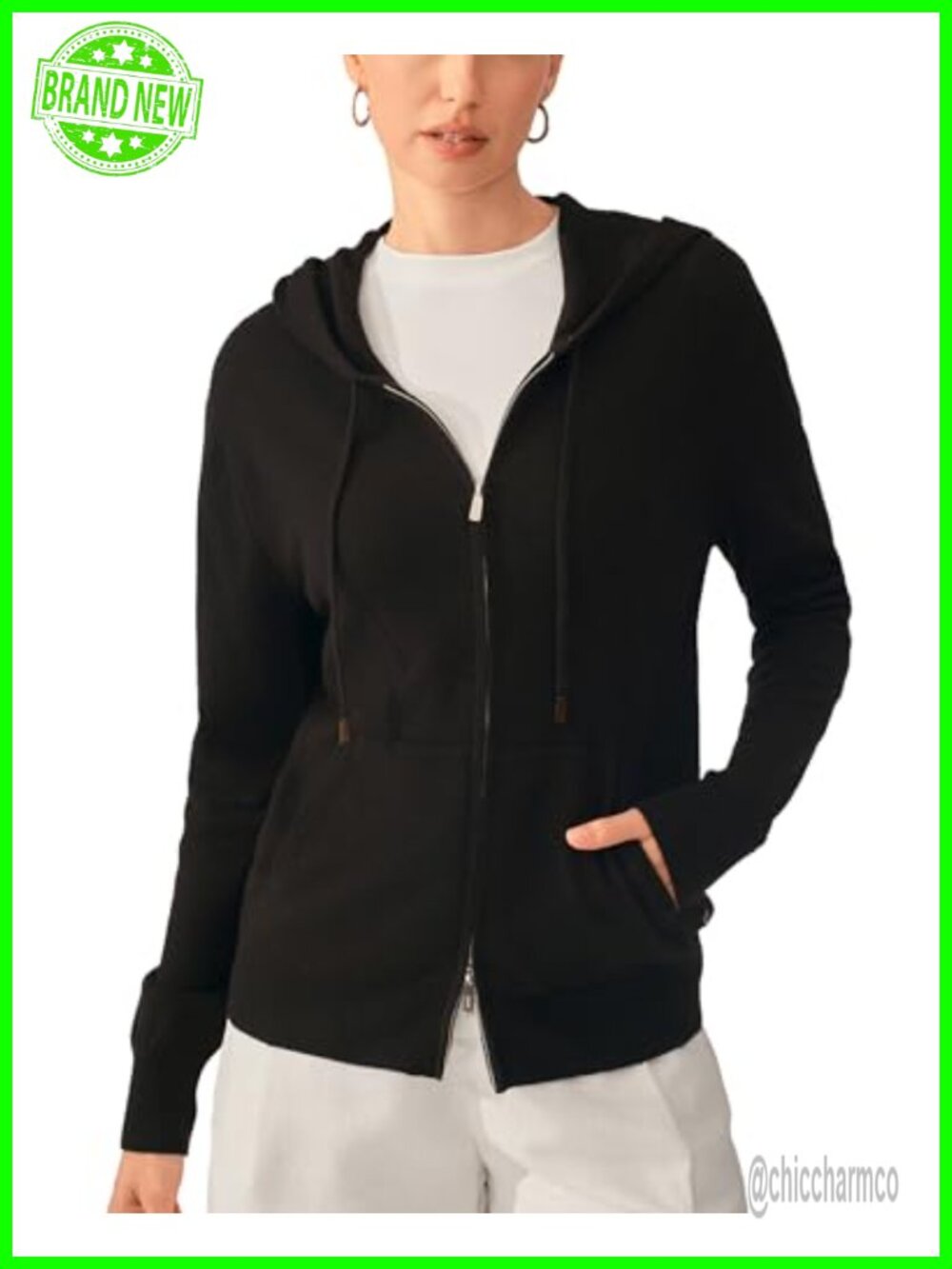 100% Pure Cashmere Hooded Cardigan Zip Up Sweater